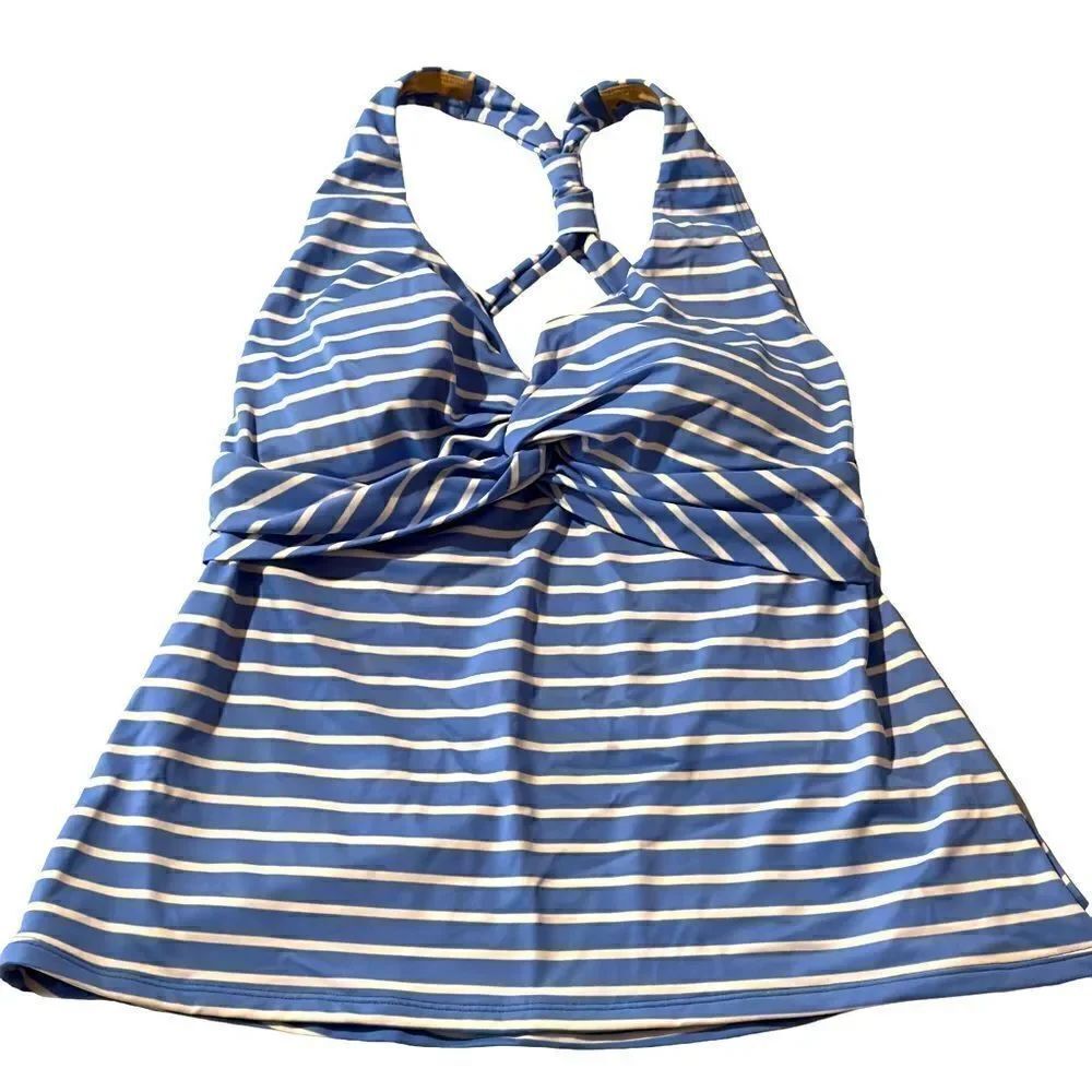 L.L. Bean Blue White Striped Twisted Front Crossed Back Tankini Top MEDIUM